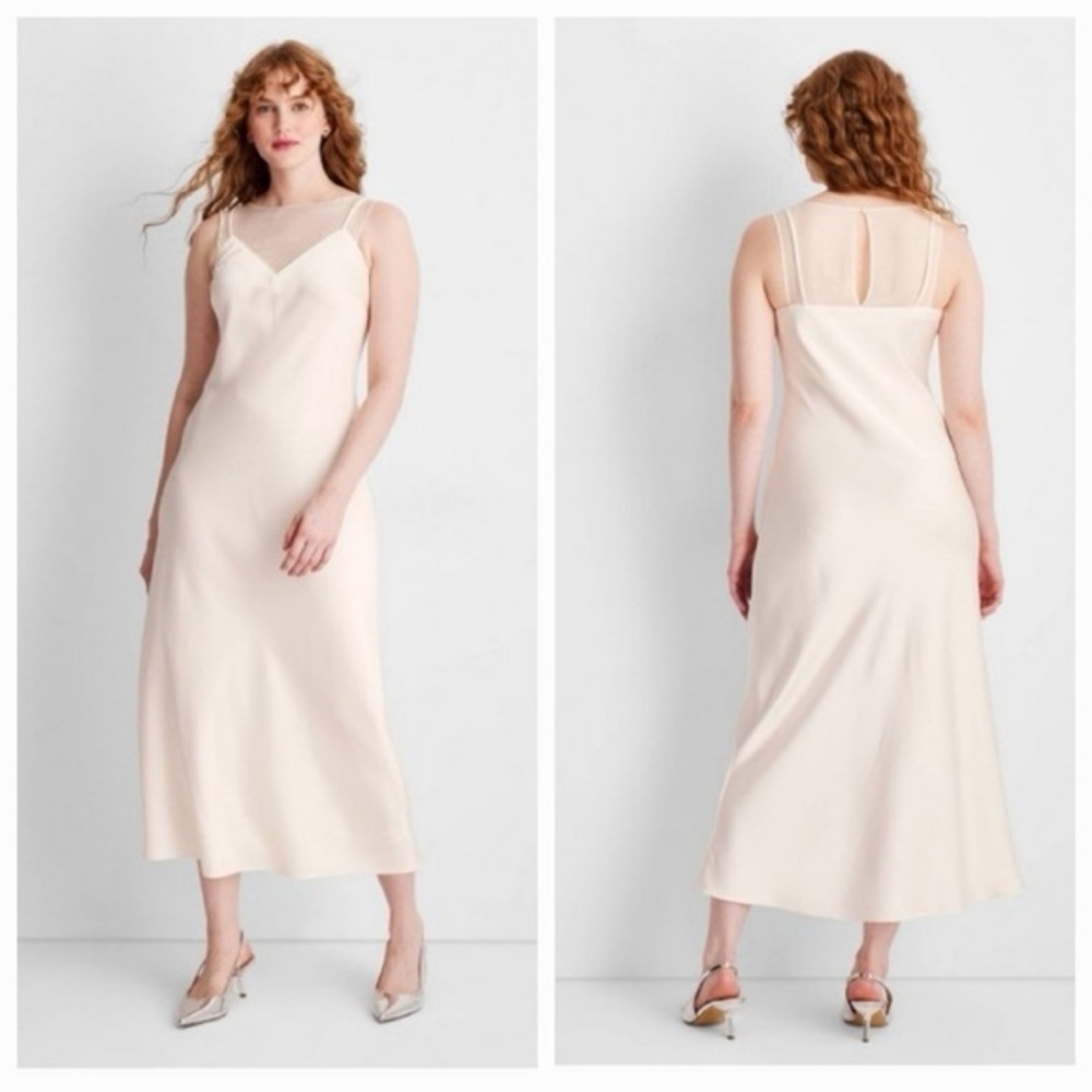 Future Collective Ivory Slip Dress Mesh Overlay Midi Dress Size XXL NWT
